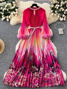 Elegant High-End Womens Dress Fashionable Embellished round Neck Hollow out Pleated Lantern Sleeve Waist Cinched Floral Long Dress