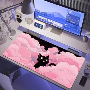 Bandai | Tấm Lót Bàn Phím Và Chuột XXL Black Cat And Clouds Với Viền May Chắc Chắn Màu Hồng Và Tím Bảo Vệ Bàn Làm Việc Văn Phòng