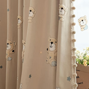 Lightproof Children Room Curtains Beige Teddy Bear Embroidery