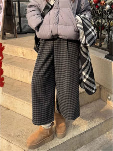 กางเกงขายาวทรงตรงเอวสูงผ้าขนสัตว์หนาสไตล์เกาหลีสำหรับผู้หญิง กางเกงขายาวทรงตรงลายสก็อตฤดูร้อนใหม่ปี 2025 กางเกงขายาวทรงหลวม 7 ฟุต