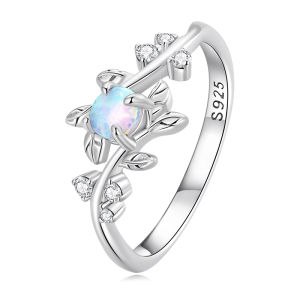 BAMOER แหวนเงินแท้925 Vine Ring Pave Setting CZ Opal Leaves Ring For Women Birthday Gift BSR309