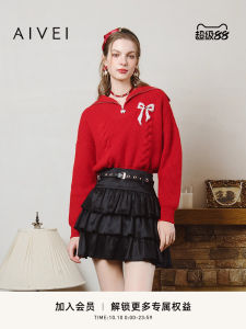 Aivei Spring Casual Zipper Red Knitted Sweater Knitwear R016S004 Commute Style Straight Tube Long Sleeve Thickened Wool Blend