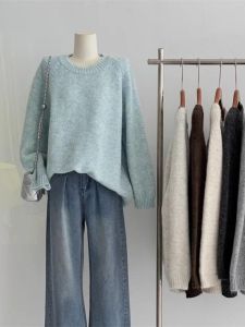 Elegant Loose round Neck Shoulder-Drifting Sweater Womens Autumn Winter Lazy Fashion Outerwear Knitted Top Soft Cozy
