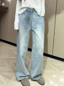 กางเกงยีนส์ทรงหลวมเอวสูงสไตล์ย้อนยุคสำหรับผู้หญิง กางเกงขายาวทรงหลวมสีอ่อน ดีไซน์ใหม่ฤดูใบไม้ผลิและฤดูใบไม้ร่วง กางเกงขายาวทรงสลิมที่สวมใส่สบาย