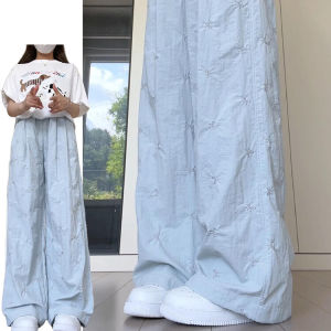 กางเกงขายาวทรงหลวมเอวสูงผ่าข้างปักลายผีเสื้อสีน้ำเงิน กางเกงขายาวทรงตรงบางสำหรับใส่ไปทำงานในช่วงฤดูร้อน