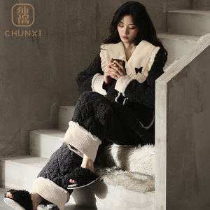 Womens Winter Sleepwear Coral Fleece Thickened Cotton Sandwich Home Clothes Warmth Three-Layer Home Clothes Set Sweet Style