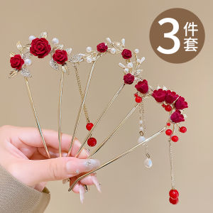 กิ๊บติดผมรูปฉลามขนาดใหญ่สีแดงสไตล์จีนใหม่ กิ๊บติดผมรูปดอกกุหลาบ ตกแต่งผมสำหรับงานแต่งงาน ของตกแต่งผมสุดหรูหราสำหรับผู้หญิง