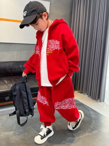 ชุดเสื้อแจ็คเก็ตมีฮู้ดสำหรับเด็ก ชุดสองชิ้น ฤดูใบไม้ผลิและฤดูใบไม้ร่วง สำหรับเด็กชาย ชุดสเวตเตอร์สีแดง ชุดลำลอง สำหรับเด็กวัยกลางคนและโต