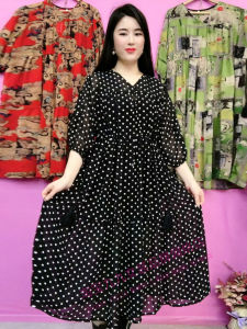 Fashionable Polka Dot Seven Quarter Sleeve V Neck Midi Skirt for Women Summer New Style Drawstring Waist Slimming Chiffon Dress