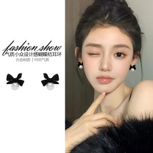 Elegant Black Bowtie Pearl Stud Earrings Womens French Vintage Fashion Jewelry Lightweight Luxury New Popular Ear Jewelry