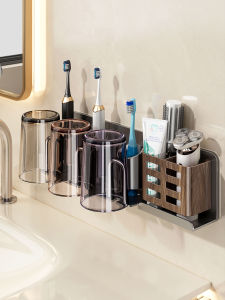 Bathroom Wood Grain Toothbrush Holder Wall Mounted Electric Toothbrush Stand No Drilling Toothpaste Cup Organizer Rack