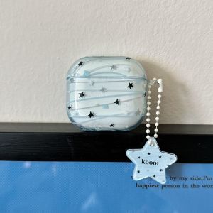 Fresh Blue Transparent Graffiti Stars With Pendant Shockproof Protective Earphone Cover Case for AirPods 1 or 2 3 4 Pro 2