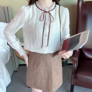 AMMIN 2024 Autumn new lace bow tie round neck long sleeve single breasted commuter chiffon blouse Korean version Sweet Bubble sleeve elegant blouse
