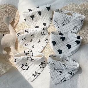 5pcs/set Baby Cotton Drooling Towel Baby Triangle Drooling Towel Cartoon Printed Folded Bib 6 Layers Cotton Snap Bibs