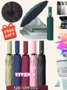 VIVENA 8 Ribs/10 Ribs/24 Ribs Foldable Fully Automatic Umbrella with UV Protection Payung Stainless Steel Ribs Folding Payong Windproof & Waterproof