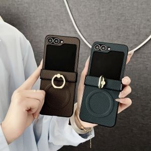 szhaiyu | For Samsung Galaxy Z Flip 8 7 7E 6 5 4 Leather Magnetic Phone Case With Chessboard Pattern Hinge 2in1 Ring Holder Bracket Cover