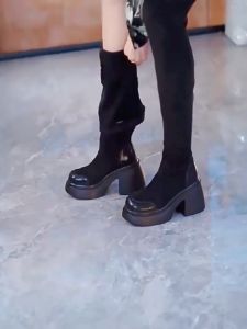 Size 35-40 Womens Thick Soled Shoes Stretch Long Boots Black Thick Heel Knee High Boots(add 1 size)