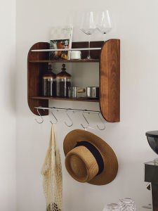 Retro Solid Wood Wall Mounted Cup Holder Tea Cup Rack Coffee Cup Storage Shelf Cherry Wood Material Mid-Century Style Artistic Design