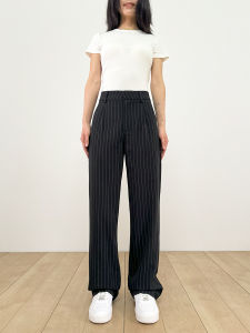 กางเกงขายาวทรงตรงลายทางสีดำเอวสูงสไตล์ OL สำหรับผู้หญิง สวมใส่ไปทำงาน สไตล์เรโทร สวมใส่สบาย ทรงหลวม ฤดูใบไม้ร่วง/ฤดูหนาว