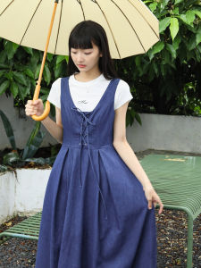 Muir2023ss ผู้หญิง Vintage High เอว ผ้าฝ้าย เดนิม เดรส พร้อมสายสะพายล้างบริสุทธิ์ ผ้าฝ้าย กระโปรงทรงเอ ยาว แขนกุด ชุดราตรี