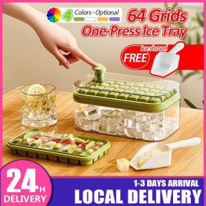 Press Ice Cube Maker Mould Tray Mold 64-grid Ice Tray One-Button Push Off Ice Cube Mold Quick Freezer Storage Box Tray With Ice Shovel DIY Ice Box Tray 64格按压式制冰盒