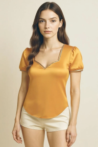 Satin V-Neck Puff Sleeve Blouse for Women