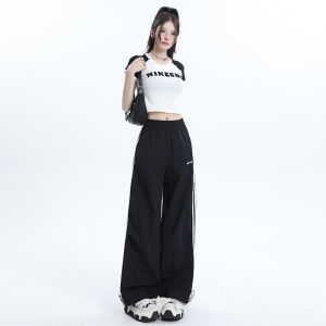 American Stripe Quick Dry Work Pants Women Summer Thin Elastic Waist Loose Casual Cuffed Sports Trousers High Waist Long Pants