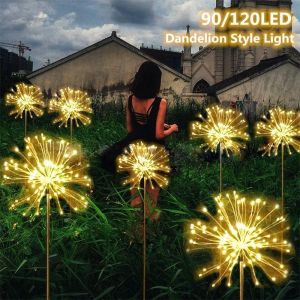 Solar Firework Lights 90/120 LED Solar Powered Decorative Stake Landscape Light DIY Flowers Fireworks Stars for Walkway Pathway Backyard Christmas Party Decor Solar Powered String Light with Twinkling and Steady-ON Outdoor Solar Lights