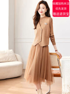 Fashionable Knitted Sweater Set Womens Spring Autumn High-End Sensation Two-Piece Ensemble Midi Skirt Vest Warm Long Sleeve