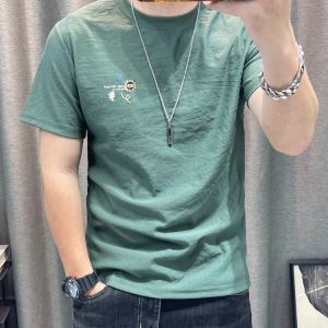 Mens Short Sleeve T-Shirt Linen Cotton Lightweight Summer New Style Fashionable Slim Fit Printed round Neck Top for Youth
