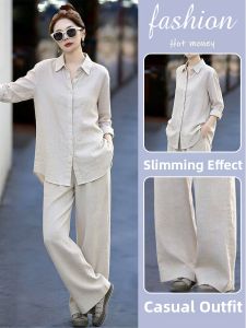 LIANGYILAILIN | Minimalist White Linen Suit Casual Long Sleeve Shirt and Pants