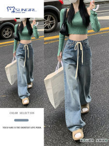 กางเกงยีนส์ทรงหลวมเอวสูงสไตล์เกาหลีไซส์ใหญ่สำหรับผู้หญิง ฤดูใบไม้ผลิและฤดูร้อน กางเกงขายาวทรงหลวมเอวสูงทรงเข้ารูป