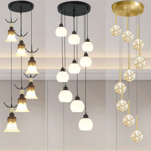 Nordic Simple Loft Stair Long Pendant Lamp Villa Spiral Staircase Iron Art Glass Multi-level Restaurant Bar Creative Personalized