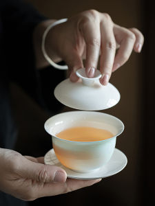 ชุดถ้วยชาเซรามิคบางๆ พร้อมฝา ชุดชา กานจุน ชุดชาสำหรับใช้ในบ้าน ชุดชาสามส่วน ชุดชาเซรามิคแบบมีฝา