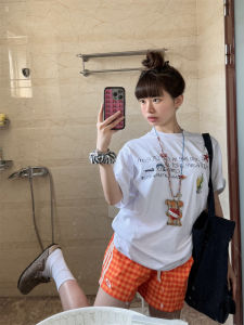 Quần Short Kẻ Caro Màu Cam Dopamine Cạp Cao Cho Nữ Mùa Hè Quần Dài Đến Mắt Cá Chân Thể Thao Thường Ngày Đi Biển Phong Cách Mỹ Cổ Điển