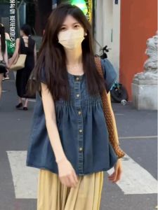 French Vintage Blue Short Sleeve Denim Shirt Women Summer Doll Top Design Sense Mini Length French Cuffs Casual Fashion