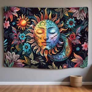 VIKAMA Psychedelic Mặt Trời Mặt Trăng Mặt Trăng Tấm Thảm Hoa Đầy Màu Sắc Boho Treo Tường Cho Hippie Indie Phòng Ký Túc Xá Nghệ Thuật Trang Trí Phông Nền
