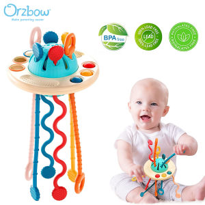Orzbow Baby UFO Pull String Toy Baby Sensory Training Finger Dexterity Exercise 6-12 Months Touch Grip Silicone Gnaw Newborn Early Educational Cartoon Toys