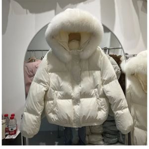 Áo Khoác Phao Nữ Có Mũ Trùm Đầu Cổ Lông Màu Trắng Lông Vũ Vịt Dày Dặn Mùa Đông Kiểu Dáng Công Sở Khóa Kéo Dáng Rộng