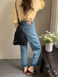 European Fashion High-waisted Loose Straight-leg Blue Denim Jeans Women Casual Lightweight Destruction Nine-point Trousers