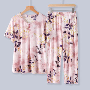 ชุดผ้าไหมน้ำแข็งฤดูร้อนสำหรับคุณแม่และคุณยาย ชุดลำลองบาง ชุดอยู่บ้าน ชุดลำลองสำหรับผู้หญิงวัยกลางคนและผู้สูงอายุ ชุดสองชิ้น