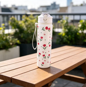 Clear Strawberry Cherry Flower Bow Pattern Water Cup with Straw & LanyardReusable Light Portable Bottle Perfect Exquisite Gift