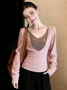 V-neck Waist Cinching Faux Two-piece Long Sleeve Spring T-shirt