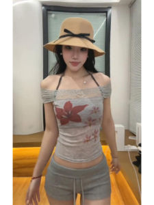 YUEZHONGWEI | Áo thun tay ngắn in họa tiết hoa American Girl dành cho nữ mùa hè ôm vừa vặn hở vai áo thun cotton thường ngày