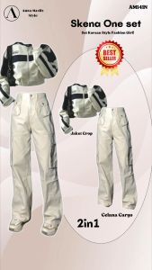 Setelan One set Skena Wanita Kekinian (Cardigan Crop Motif + Celana Cargo + Kacamata)