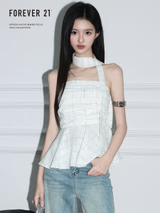 Forever21 Pure Desire White Plaid Strapless Vest Womens Summer Sweet Spicy Sleeveless Tank Top Asymmetric Slim Fit