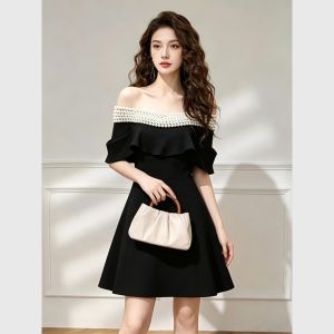 Elegant Hepburn Style Off-shoulder Black Dress