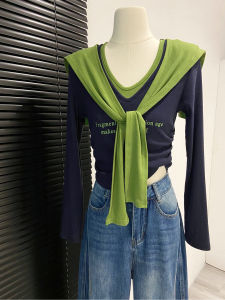 Color Block Print Shoulder Long Sleeve V-Neck Base Shirt Womens Fashion Commute Style Printed T-Shirt Autumn New Arrival