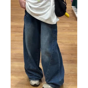 กางเกงยีนส์ทรงหลวมเอวสูงสไตล์อเมริกันย้อนยุคไซส์ใหญ่สำหรับผู้หญิง ฤดูใบไม้ผลิและฤดูใบไม้ร่วง ทรงหลวม ทรงขากระบอก
