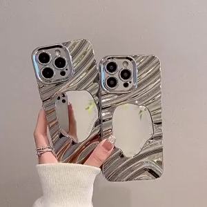 Luxury Wave Make UP Mirror Case For iPhone 17 Pro Max 18 16 13 14 15 11 12 Air 17promax 16Promax 15promax Shockproof Funda Coque